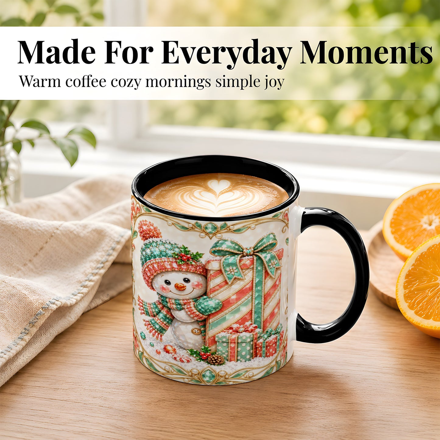 #pl[11oz|Black] Gem Snowman Present Coffee Mug, Christmas Snowman Mug, Ceramic Cup