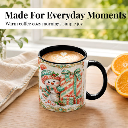 #pl[11oz|Black] Gem Snowman Present Coffee Mug, Christmas Snowman Mug, Ceramic Cup