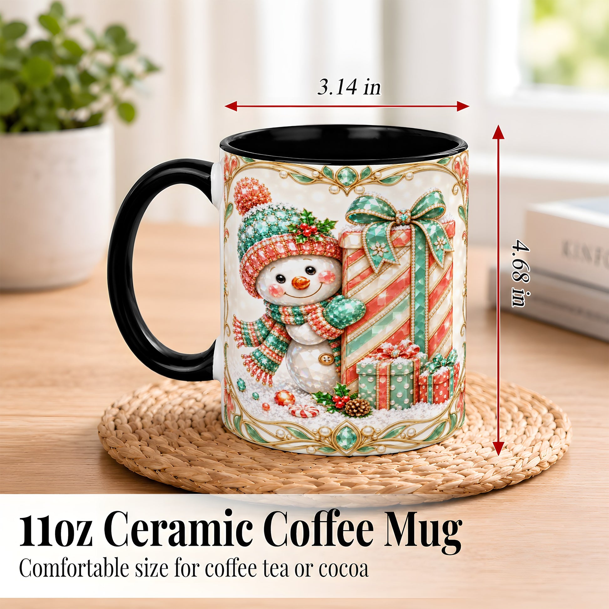 #pl[11oz|Black] Gem Snowman Present Coffee Mug, Christmas Snowman Mug, Ceramic Cup