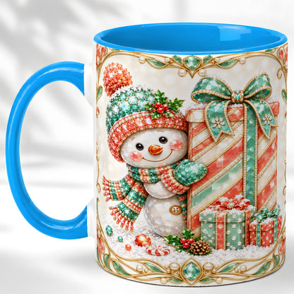 #pl[11oz|Blue] Gem Snowman Present Coffee Mug, Christmas Snowman Mug, Ceramic Cup