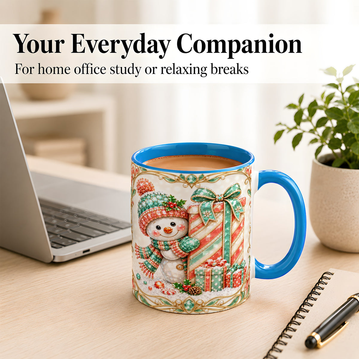 #pl[11oz|Blue] Gem Snowman Present Coffee Mug, Christmas Snowman Mug, Ceramic Cup