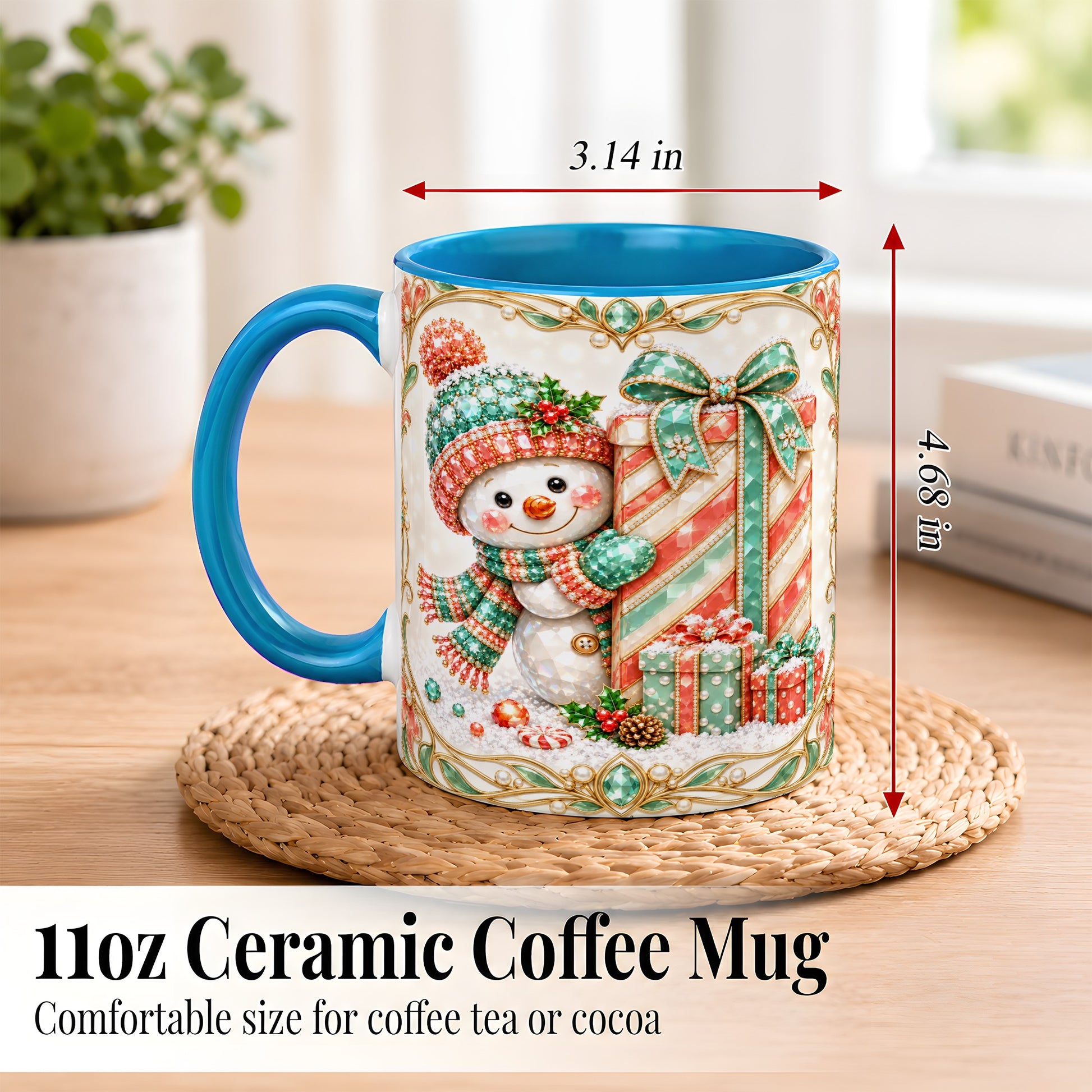 #pl[11oz|Blue] Gem Snowman Present Coffee Mug, Christmas Snowman Mug, Ceramic Cup