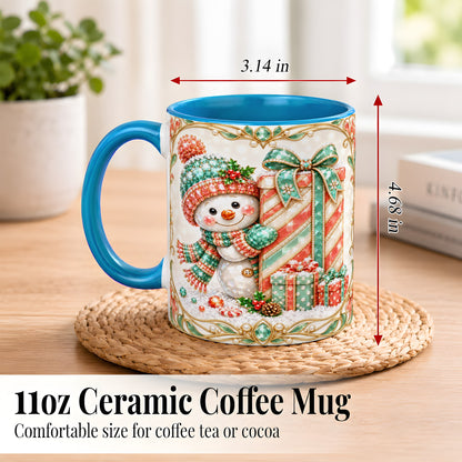 #pl[11oz|Blue] Gem Snowman Present Coffee Mug, Christmas Snowman Mug, Ceramic Cup