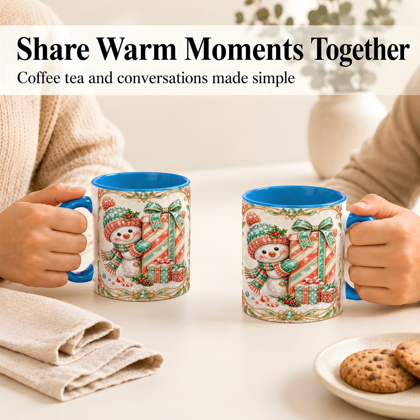#pl[11oz|Blue] Gem Snowman Present Coffee Mug, Christmas Snowman Mug, Ceramic Cup