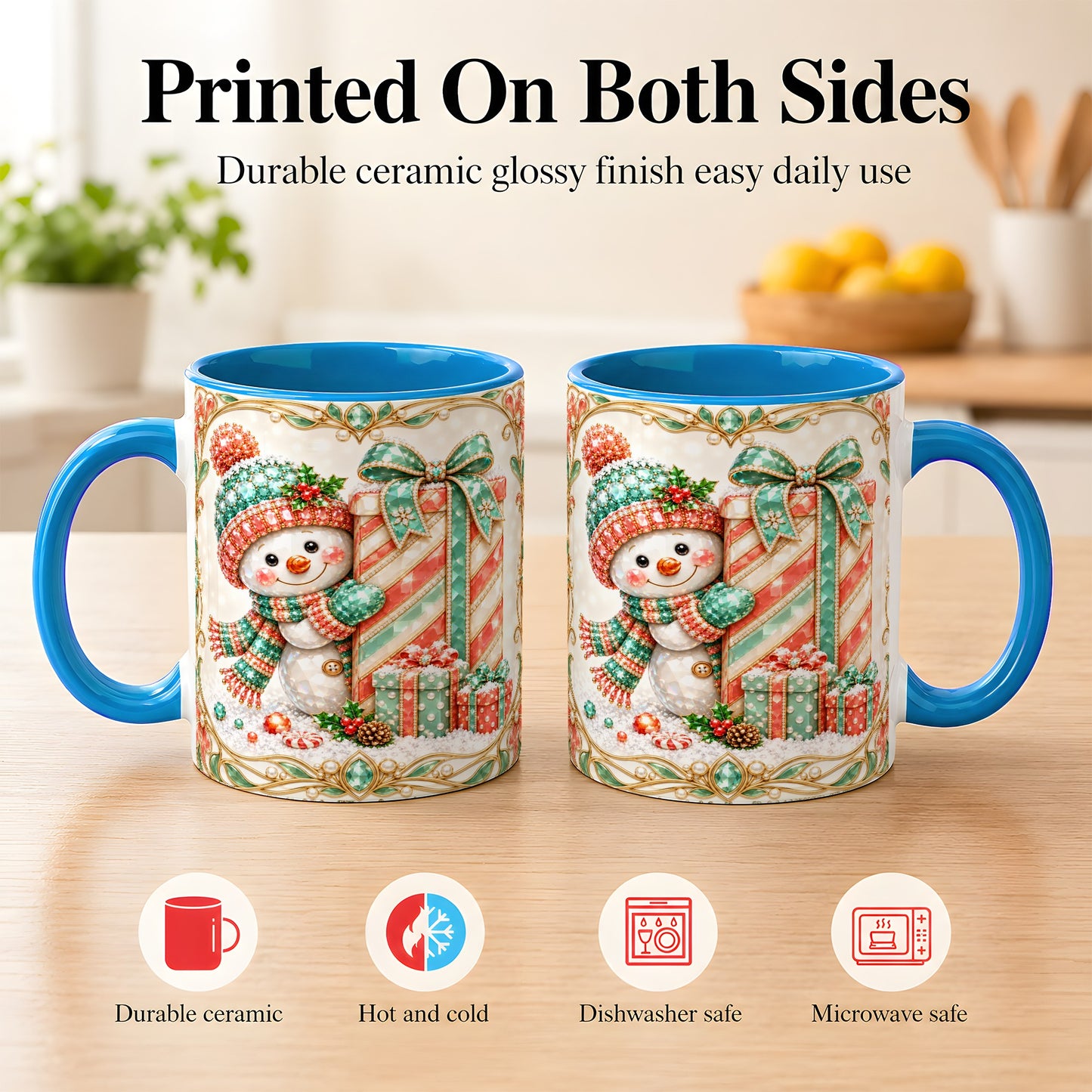 #pl[11oz|Blue] Gem Snowman Present Coffee Mug, Christmas Snowman Mug, Ceramic Cup