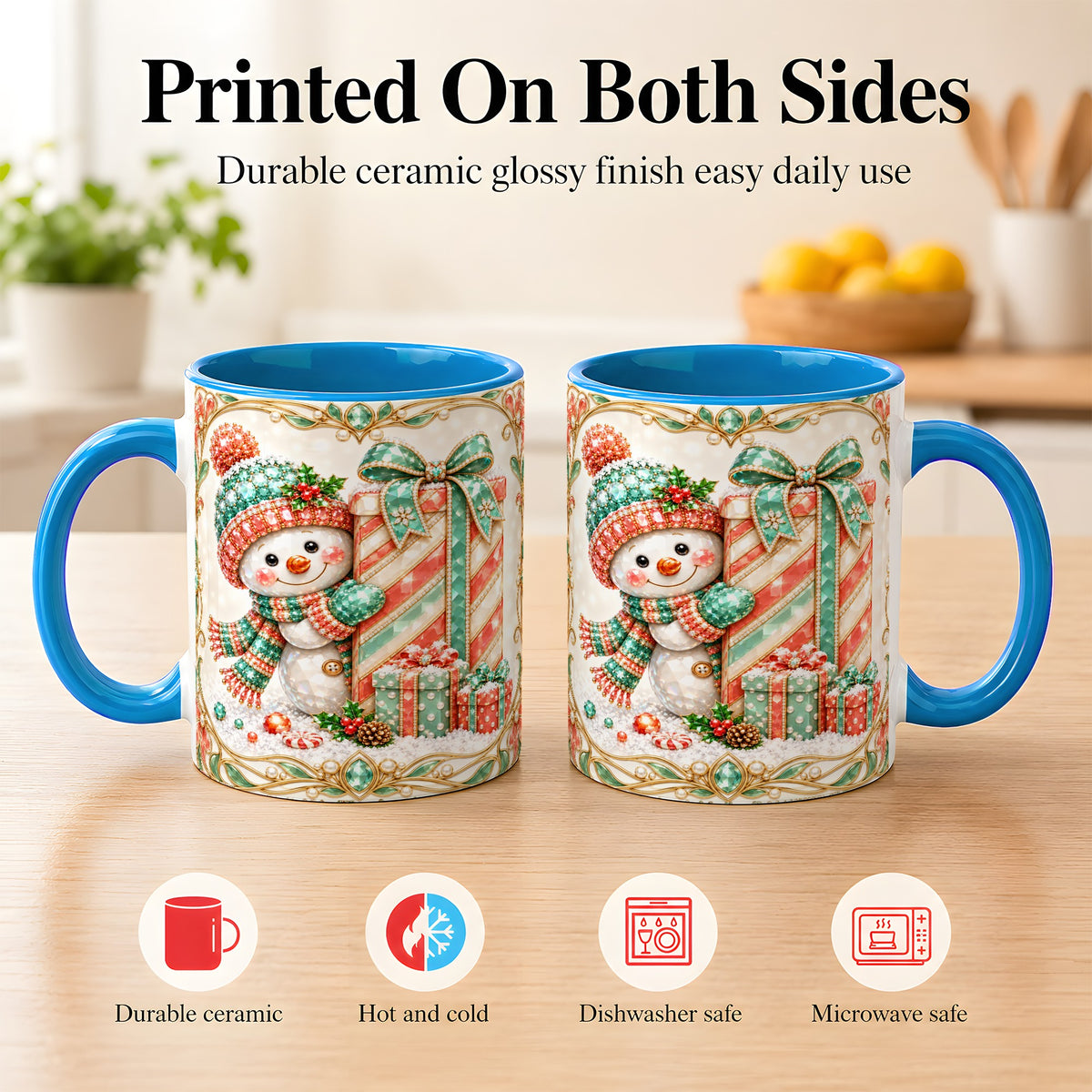 #pl[11oz|Blue] Gem Snowman Present Coffee Mug, Christmas Snowman Mug, Ceramic Cup