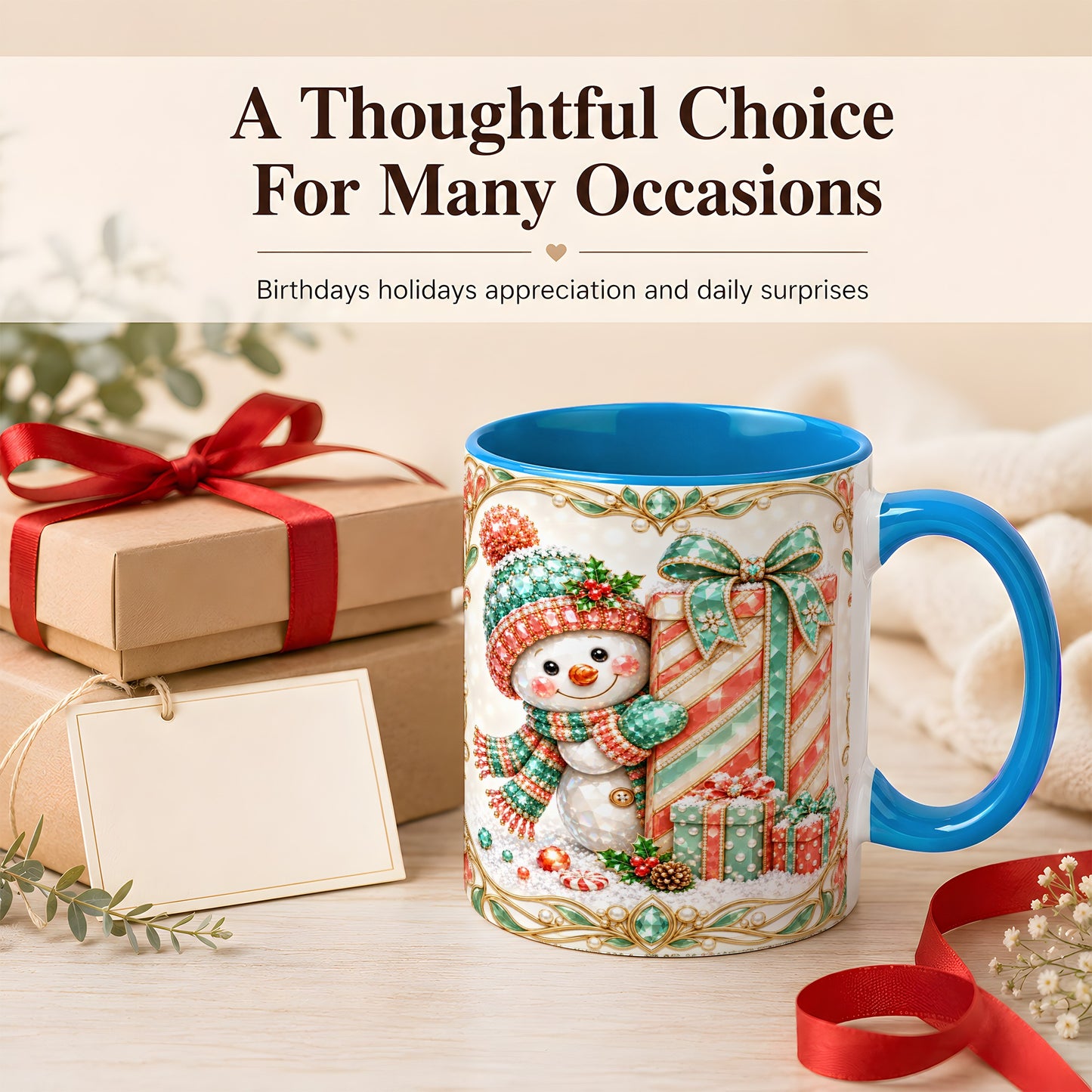 #pl[11oz|Blue] Gem Snowman Present Coffee Mug, Christmas Snowman Mug, Ceramic Cup