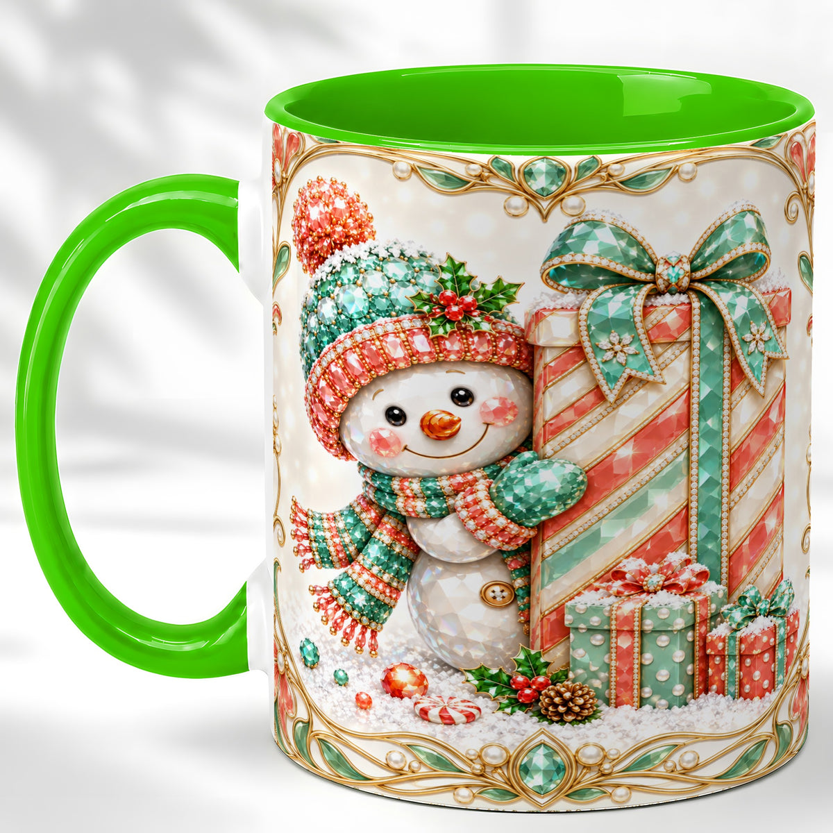 #pl[11oz|Green] Gem Snowman Present Coffee Mug, Christmas Snowman Mug, Ceramic Cup