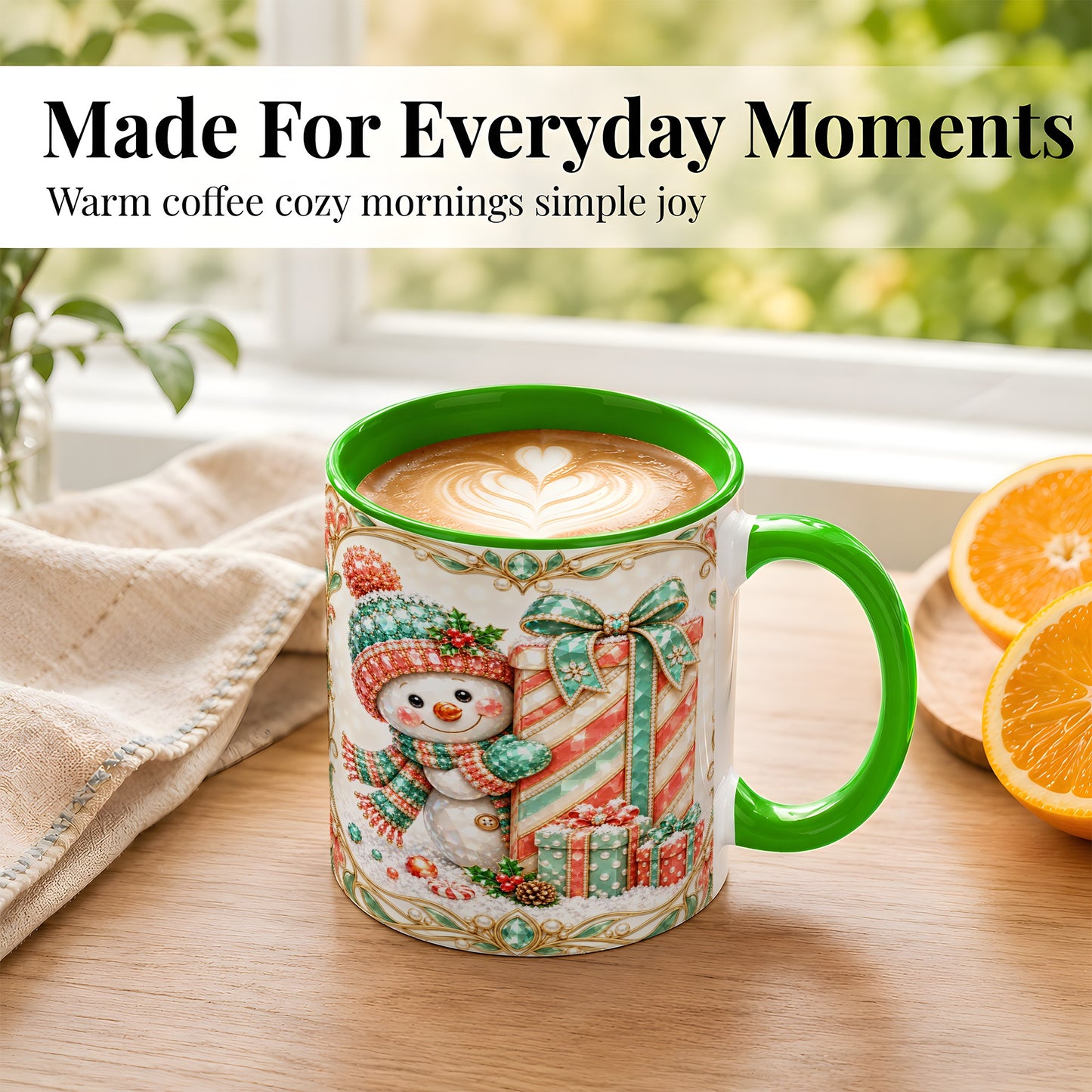 #pl[11oz|Green] Gem Snowman Present Coffee Mug, Christmas Snowman Mug, Ceramic Cup