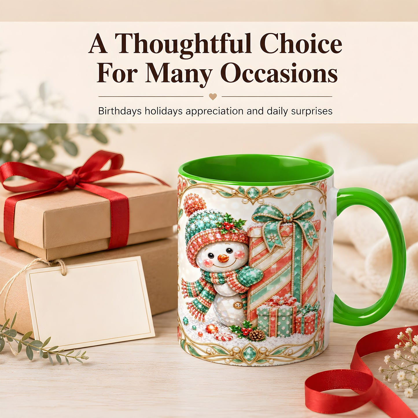 #pl[11oz|Green] Gem Snowman Present Coffee Mug, Christmas Snowman Mug, Ceramic Cup