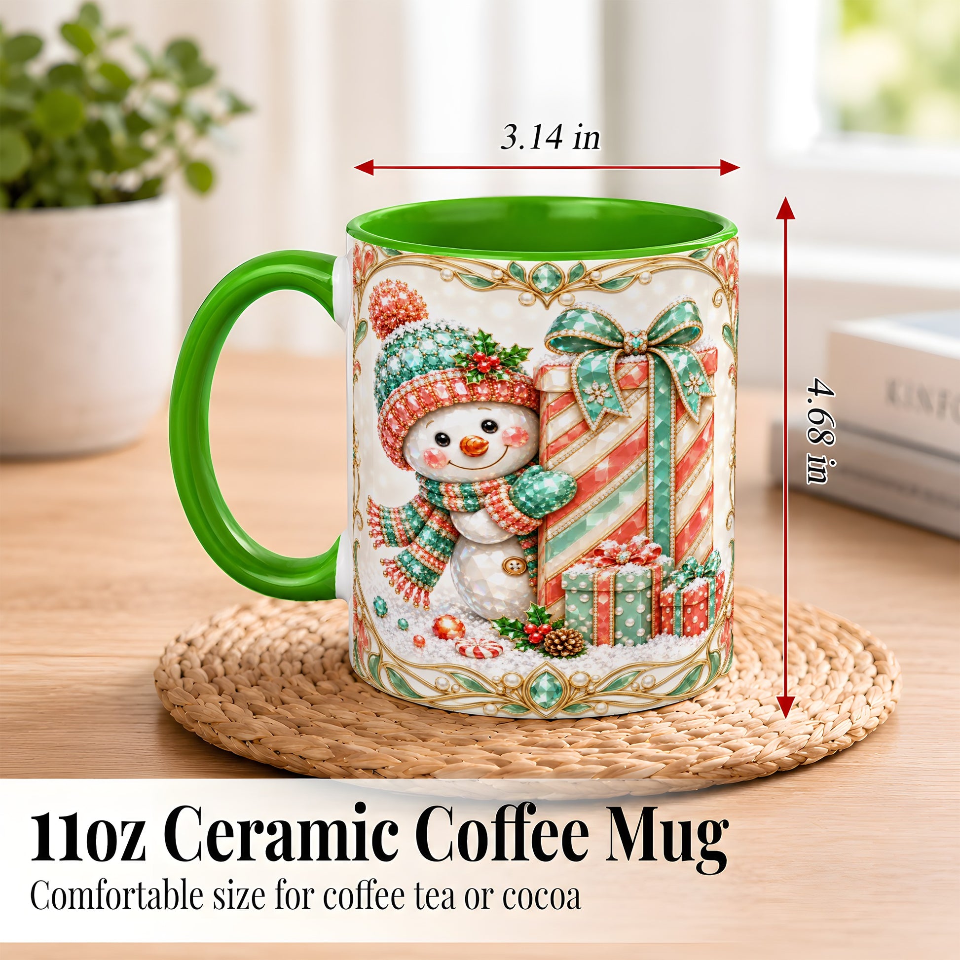 #pl[11oz|Green] Gem Snowman Present Coffee Mug, Christmas Snowman Mug, Ceramic Cup
