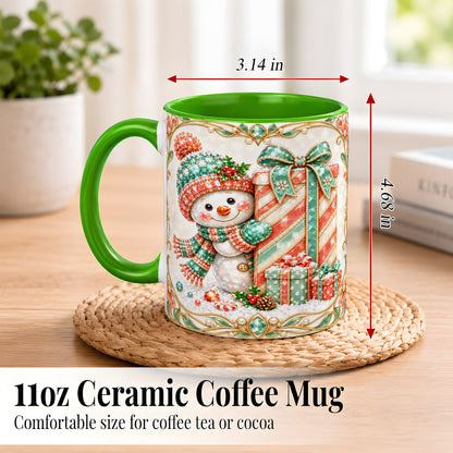 #pl[11oz|Green] Gem Snowman Present Coffee Mug, Christmas Snowman Mug, Ceramic Cup