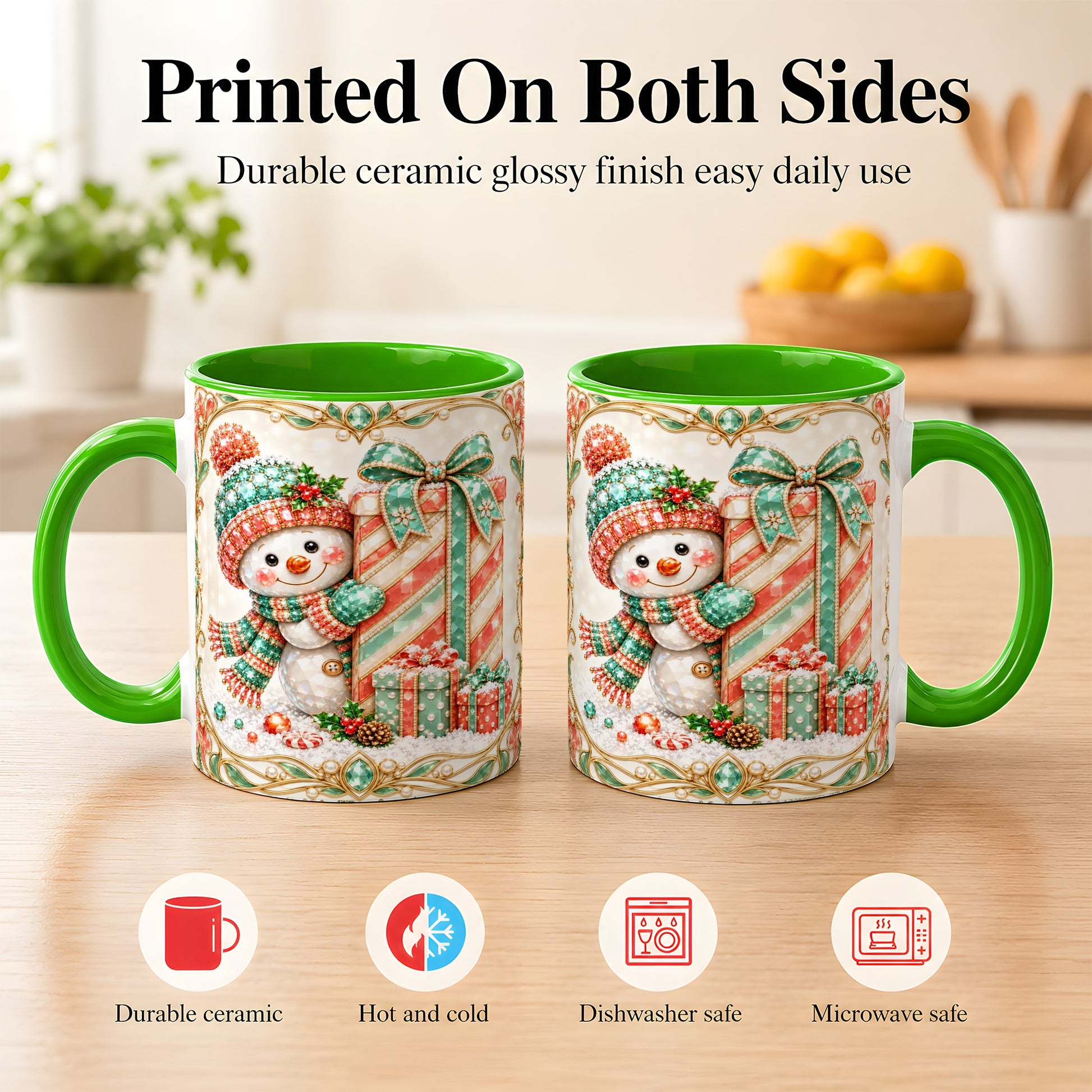 #pl[11oz|Green] Gem Snowman Present Coffee Mug, Christmas Snowman Mug, Ceramic Cup