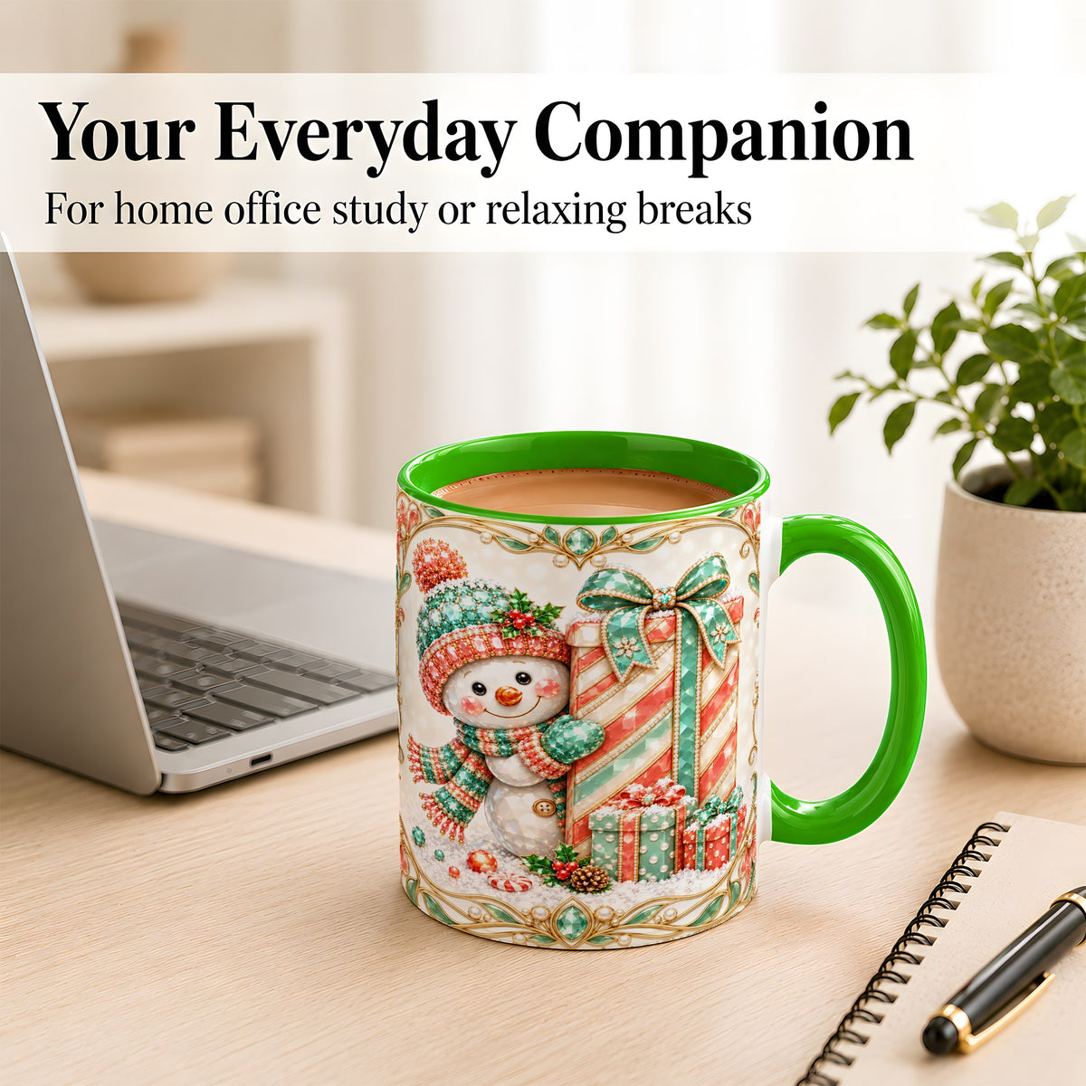 #pl[11oz|Green] Gem Snowman Present Coffee Mug, Christmas Snowman Mug, Ceramic Cup