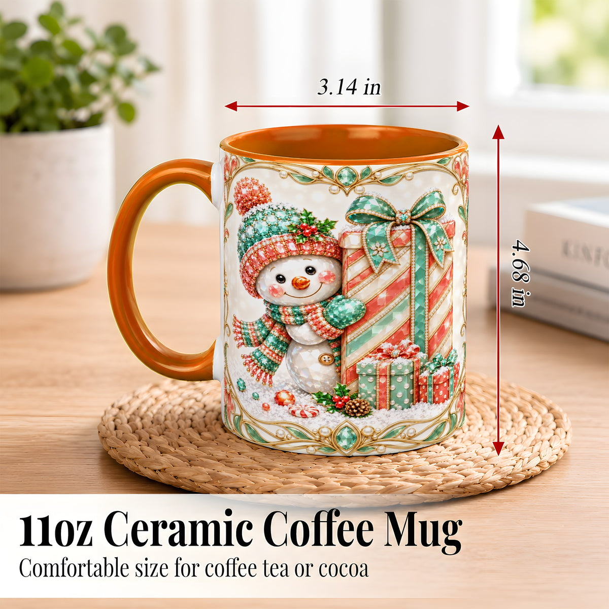 #pl[11oz|Orange] Gem Snowman Present Coffee Mug, Christmas Snowman Mug, Ceramic Cup