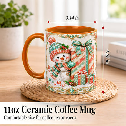 #pl[11oz|Orange] Gem Snowman Present Coffee Mug, Christmas Snowman Mug, Ceramic Cup