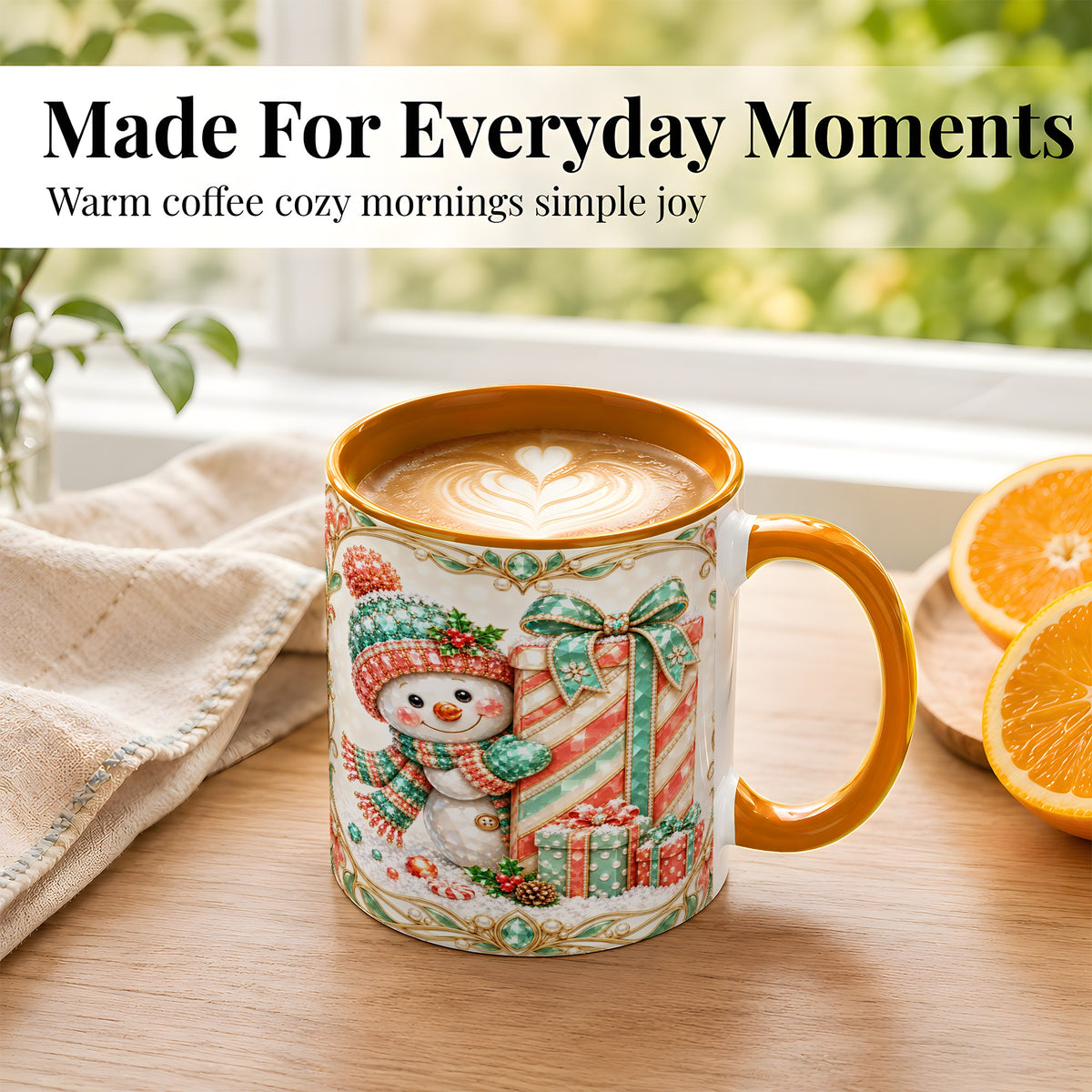 #pl[11oz|Orange] Gem Snowman Present Coffee Mug, Christmas Snowman Mug, Ceramic Cup
