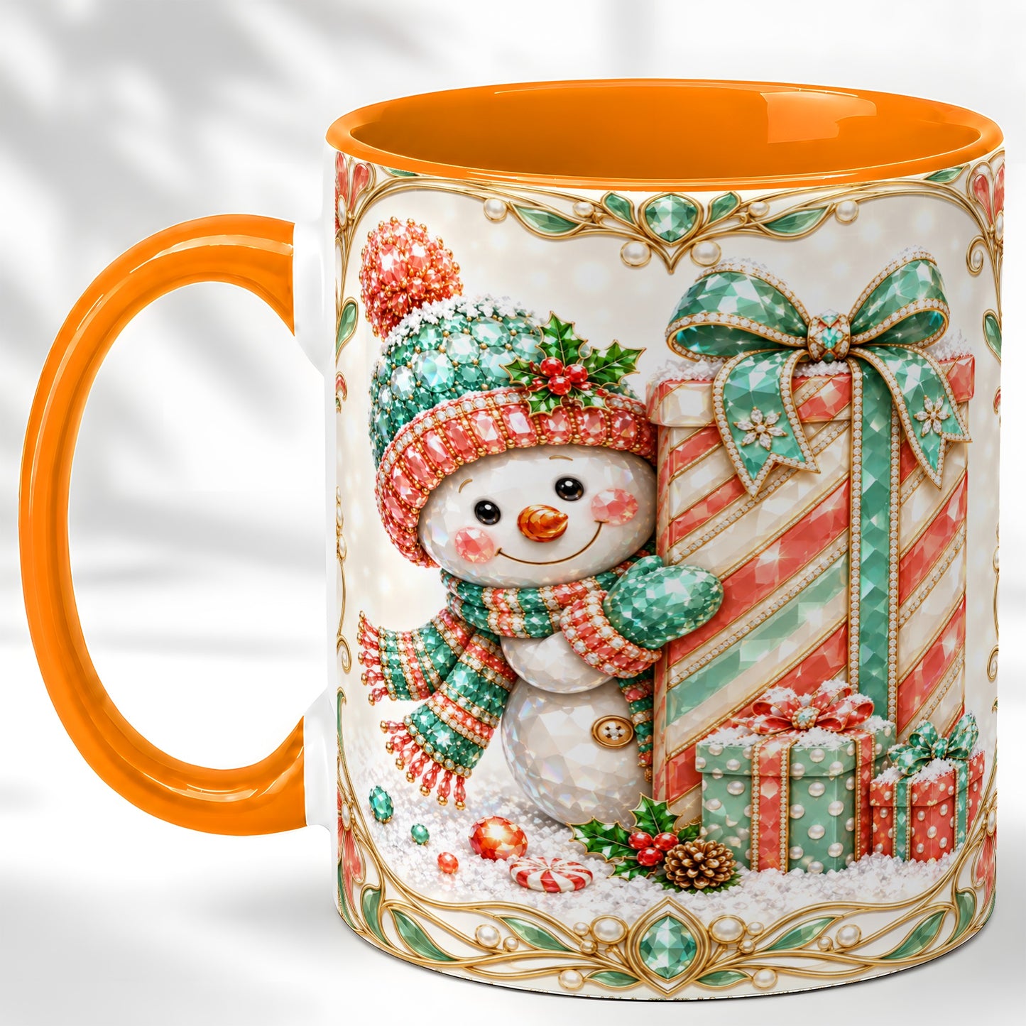 #pl[11oz|Orange] Gem Snowman Present Coffee Mug, Christmas Snowman Mug, Ceramic Cup