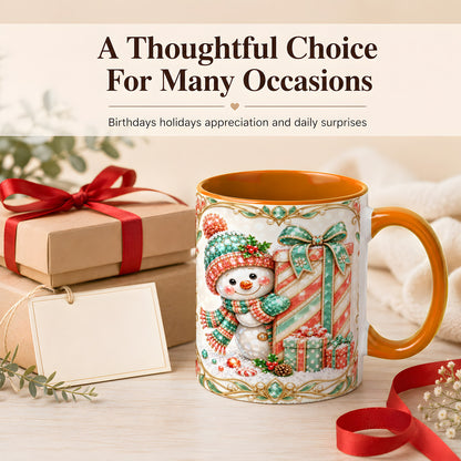#pl[11oz|Orange] Gem Snowman Present Coffee Mug, Christmas Snowman Mug, Ceramic Cup