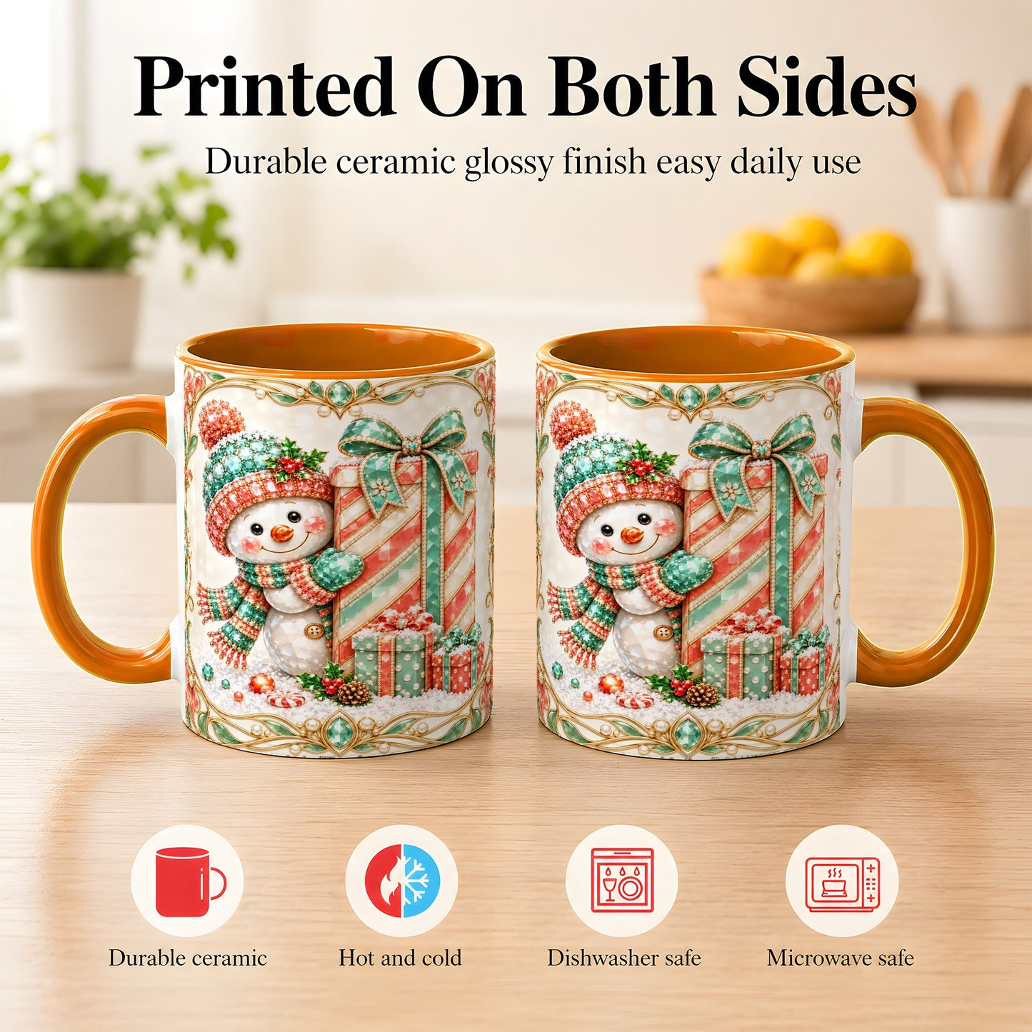 #pl[11oz|Orange] Gem Snowman Present Coffee Mug, Christmas Snowman Mug, Ceramic Cup