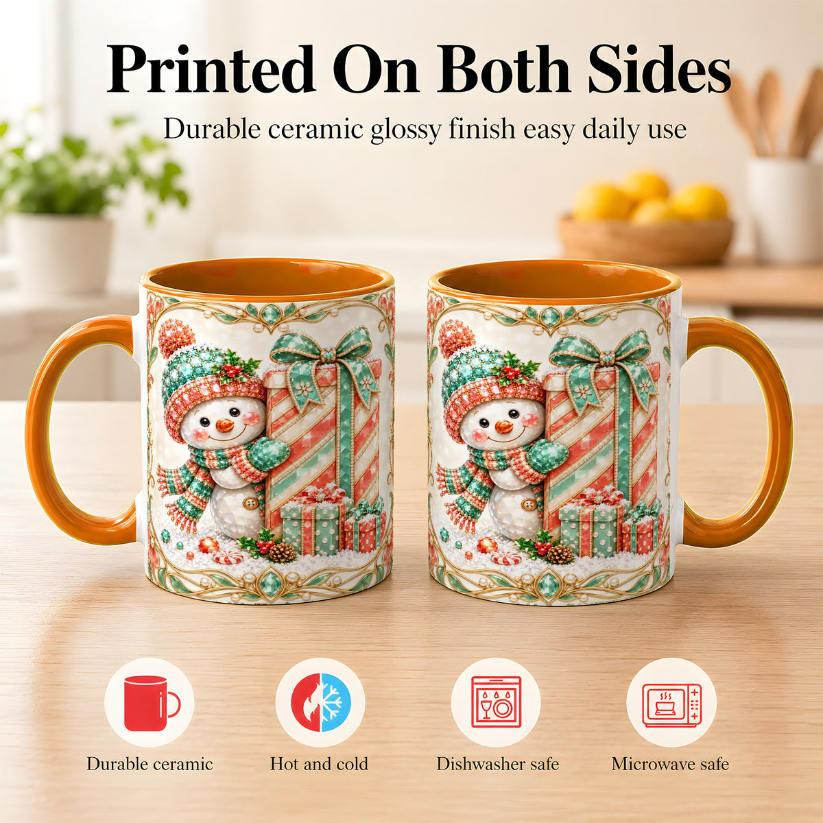 #pl[11oz|Orange] Gem Snowman Present Coffee Mug, Christmas Snowman Mug, Ceramic Cup