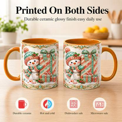 #pl[11oz|Orange] Gem Snowman Present Coffee Mug, Christmas Snowman Mug, Ceramic Cup