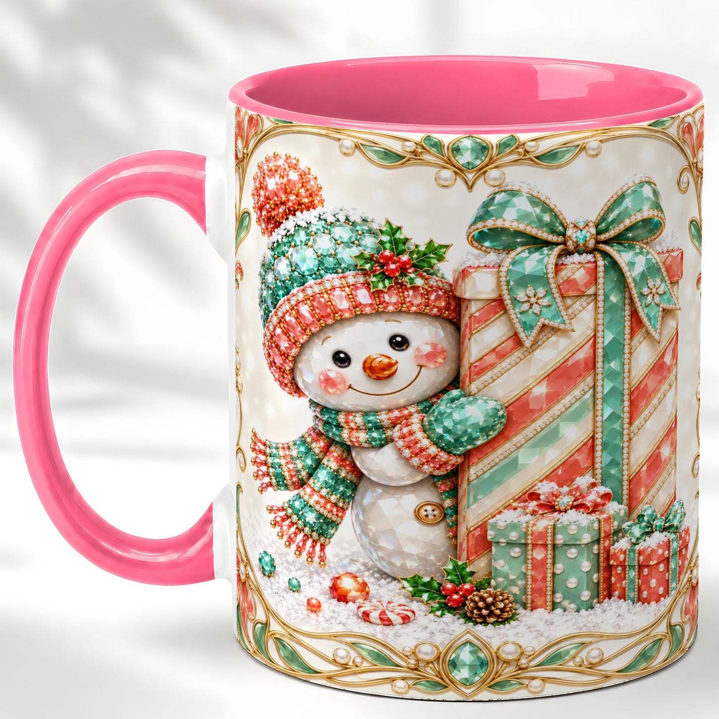 #pl[11oz|Pink] Gem Snowman Present Coffee Mug, Christmas Snowman Mug, Ceramic Cup