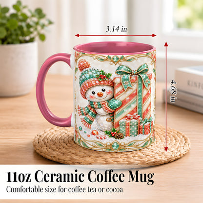 #pl[11oz|Pink] Gem Snowman Present Coffee Mug, Christmas Snowman Mug, Ceramic Cup