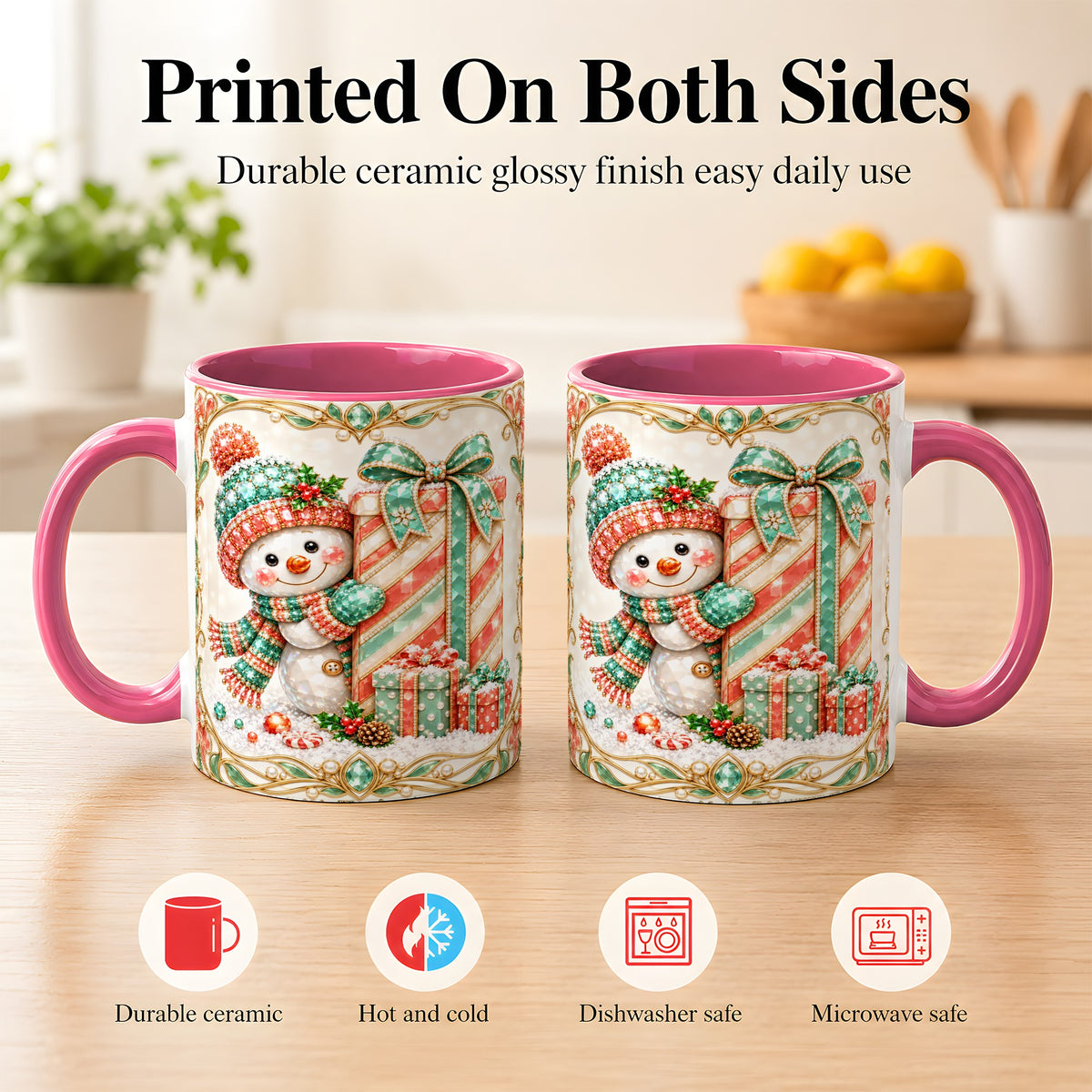 #pl[11oz|Pink] Gem Snowman Present Coffee Mug, Christmas Snowman Mug, Ceramic Cup