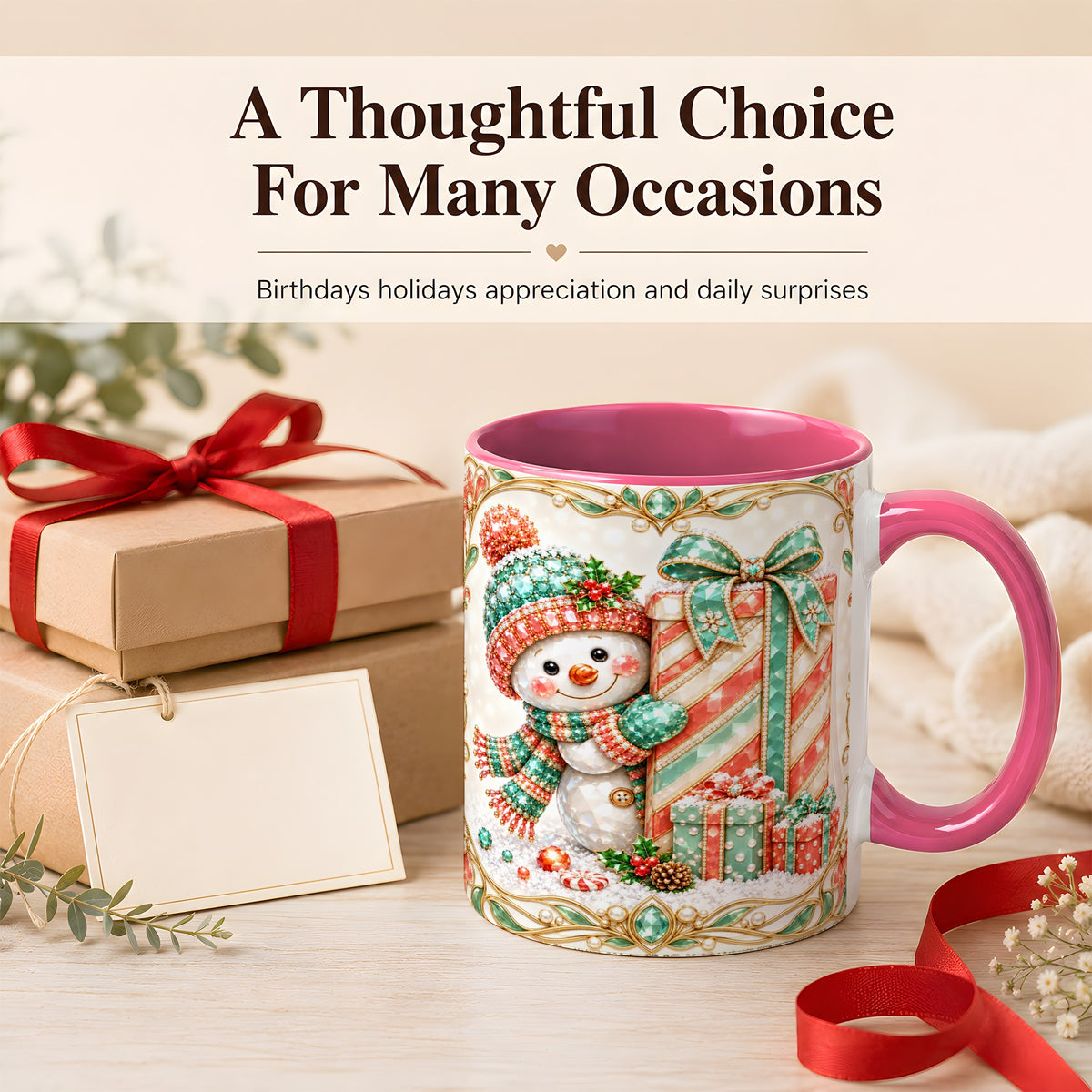 #pl[11oz|Pink] Gem Snowman Present Coffee Mug, Christmas Snowman Mug, Ceramic Cup