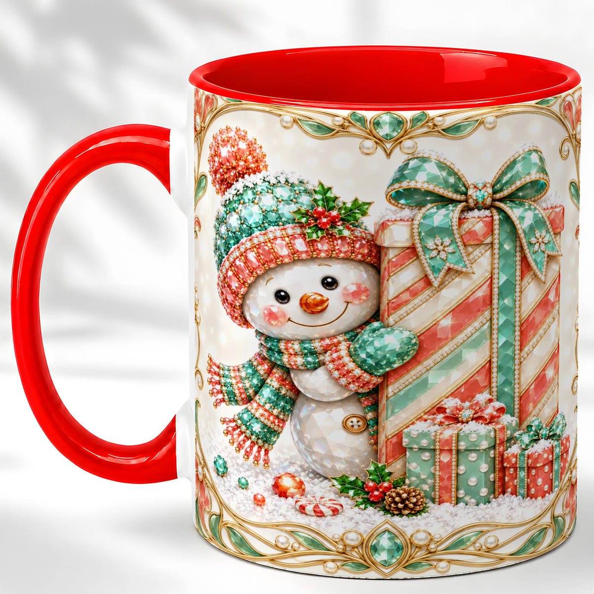 Gem Snowman Present Coffee Mug, Christmas Snowman Mug, Ceramic Cup