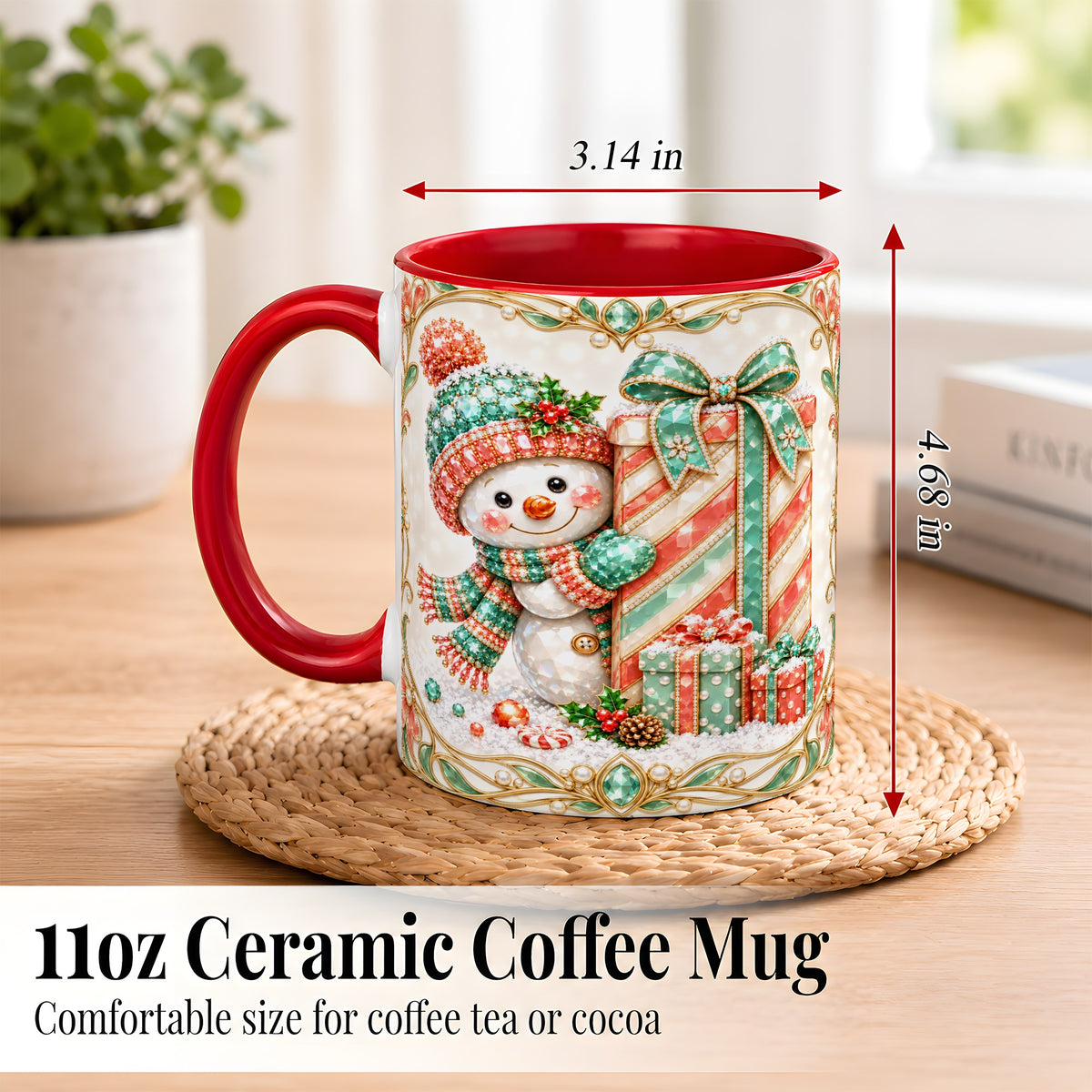 #pl[11oz|Red] Gem Snowman Present Coffee Mug, Christmas Snowman Mug, Ceramic Cup