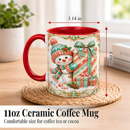 #pl[11oz|Red] Gem Snowman Present Coffee Mug, Christmas Snowman Mug, Ceramic Cup