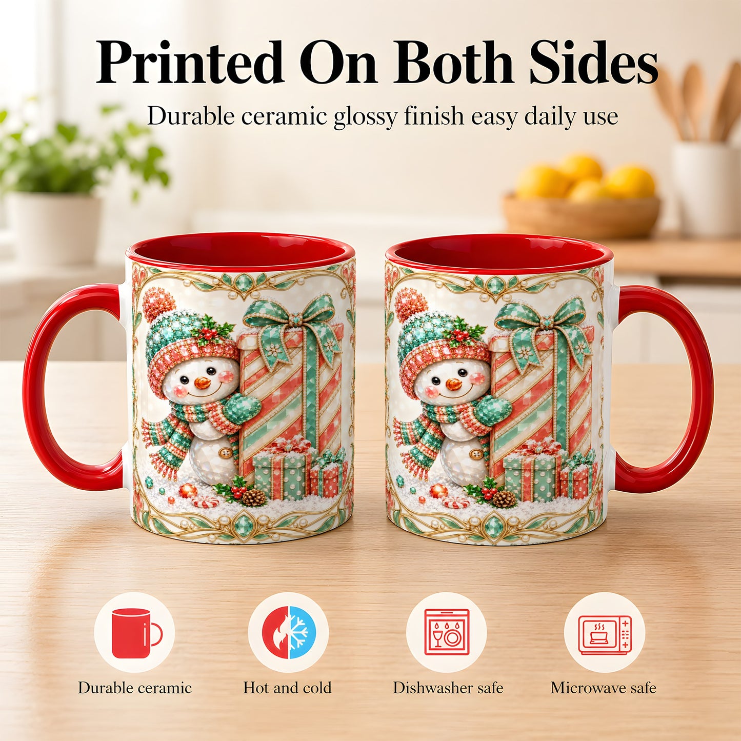 #pl[11oz|Red] Gem Snowman Present Coffee Mug, Christmas Snowman Mug, Ceramic Cup