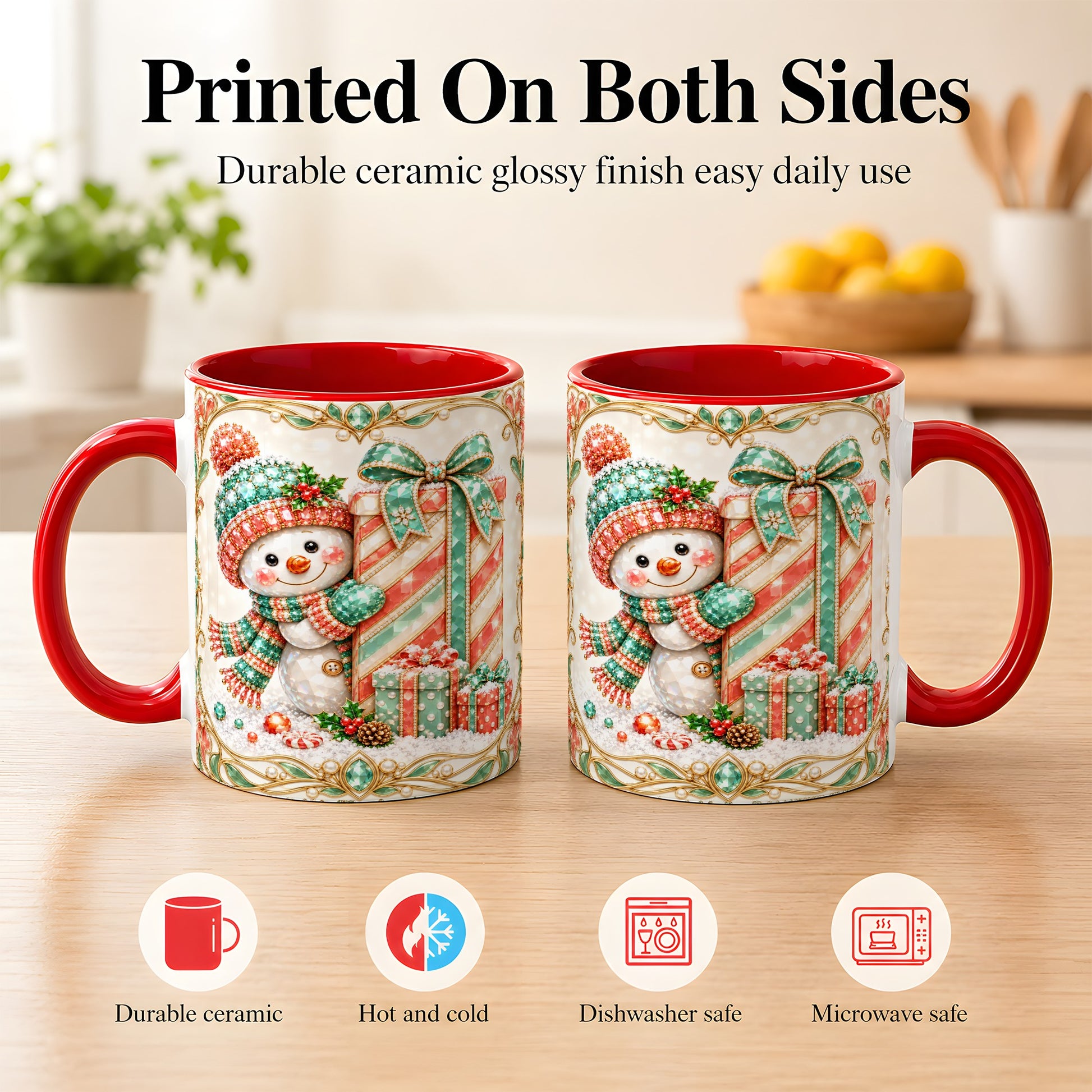 #pl[11oz|Red] Gem Snowman Present Coffee Mug, Christmas Snowman Mug, Ceramic Cup