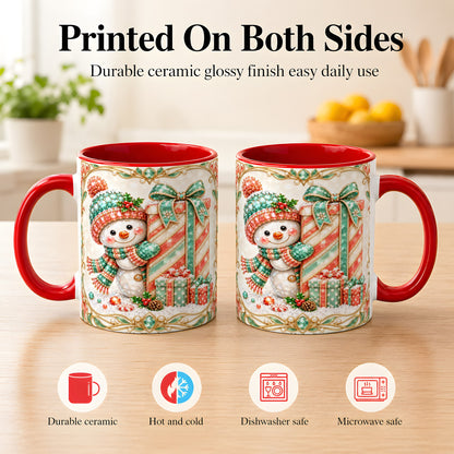 #pl[11oz|Red] Gem Snowman Present Coffee Mug, Christmas Snowman Mug, Ceramic Cup