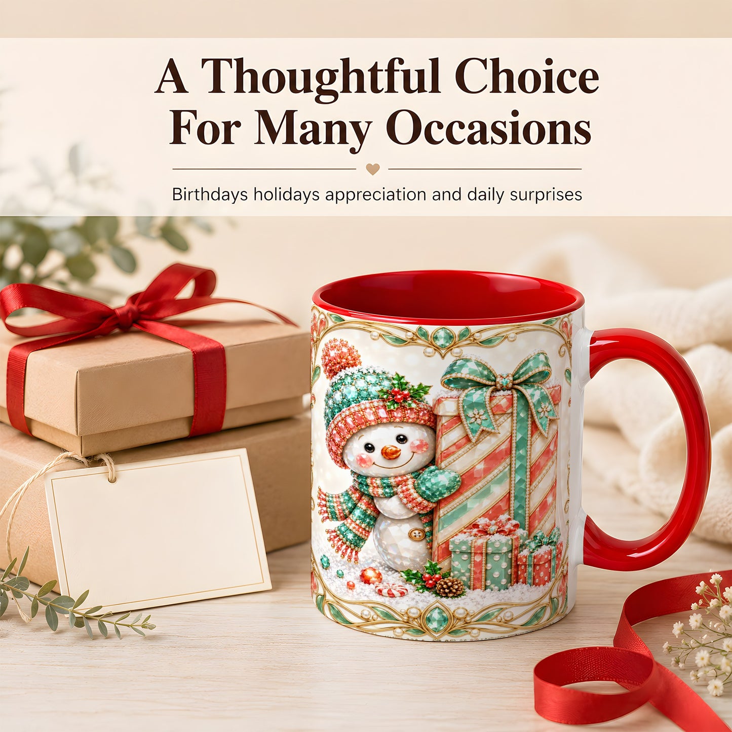 #pl[11oz|Red] Gem Snowman Present Coffee Mug, Christmas Snowman Mug, Ceramic Cup