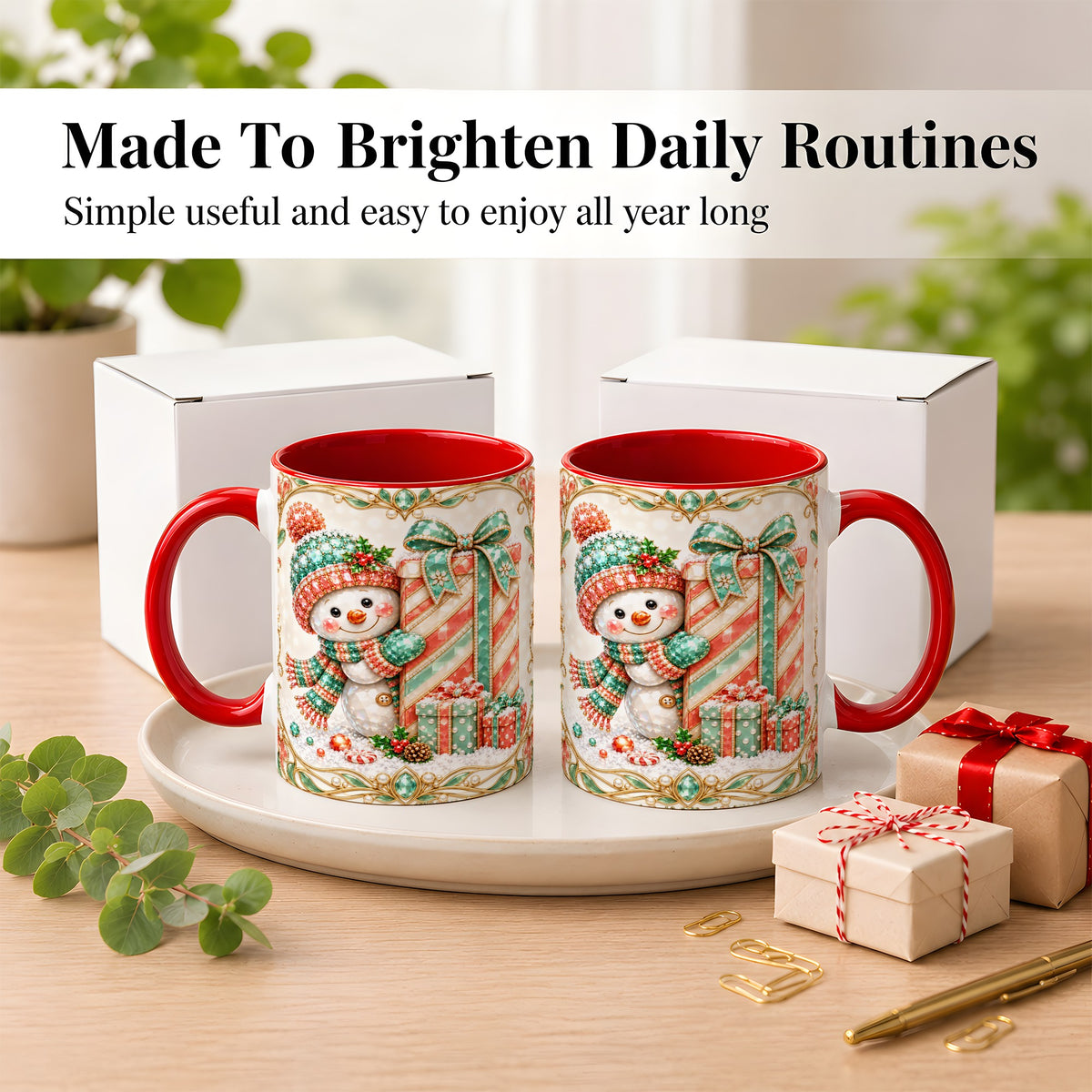 #pl[11oz|Red] Gem Snowman Present Coffee Mug, Christmas Snowman Mug, Ceramic Cup