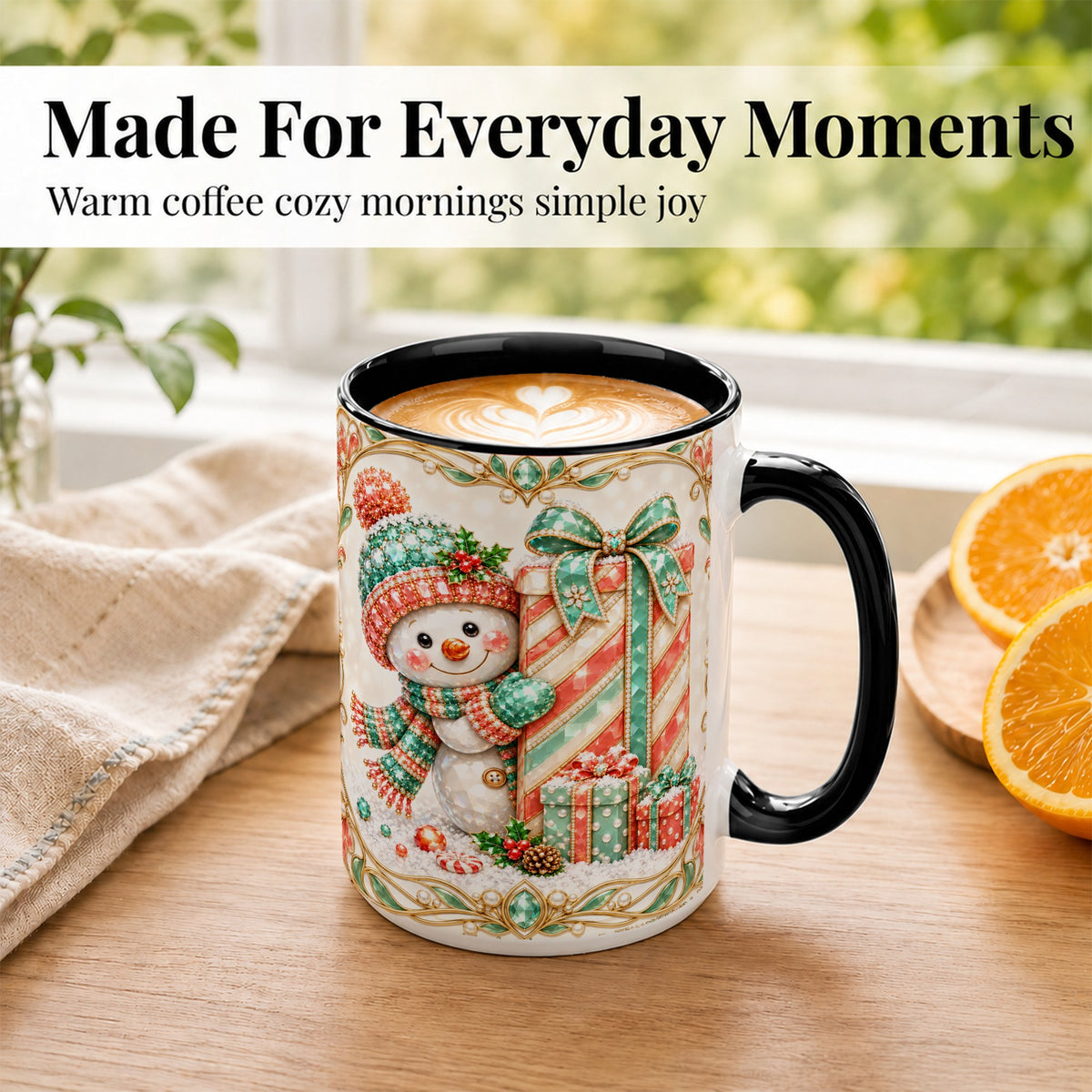#pl[15oz|Black] Gem Snowman Present Coffee Mug, Christmas Snowman Mug, Ceramic Cup