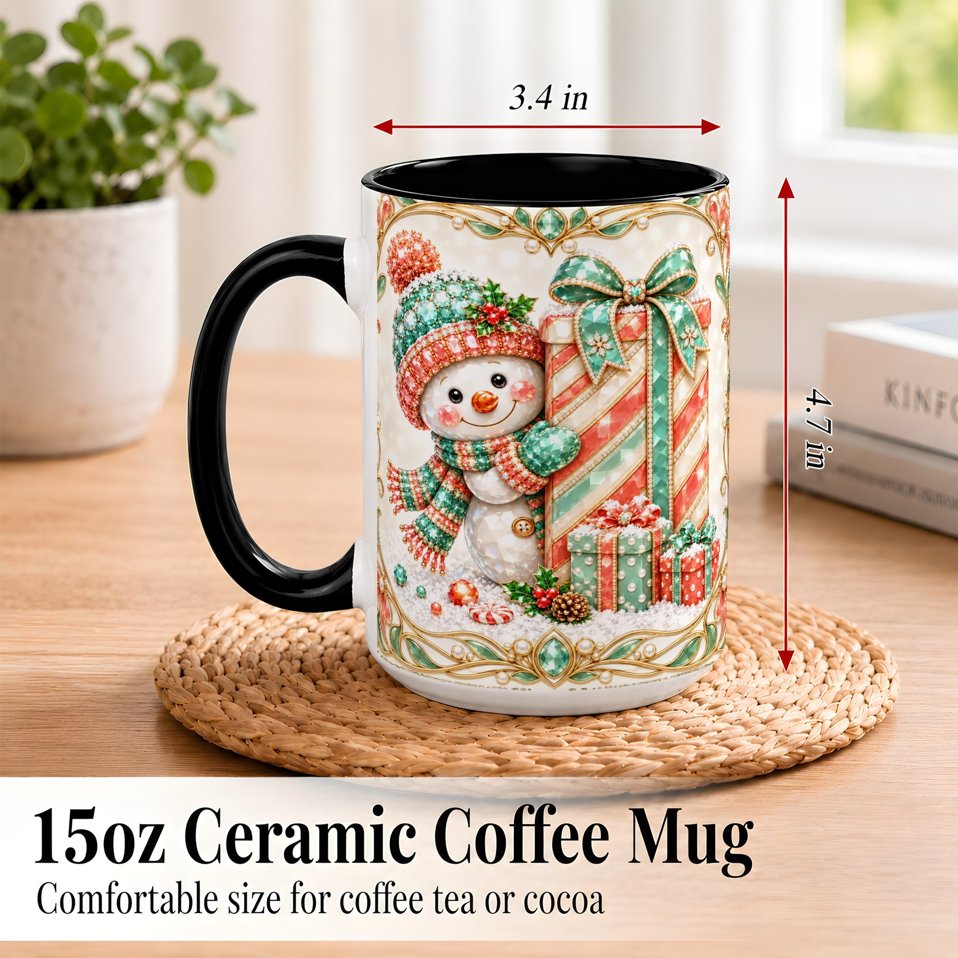 #pl[15oz|Black] Gem Snowman Present Coffee Mug, Christmas Snowman Mug, Ceramic Cup