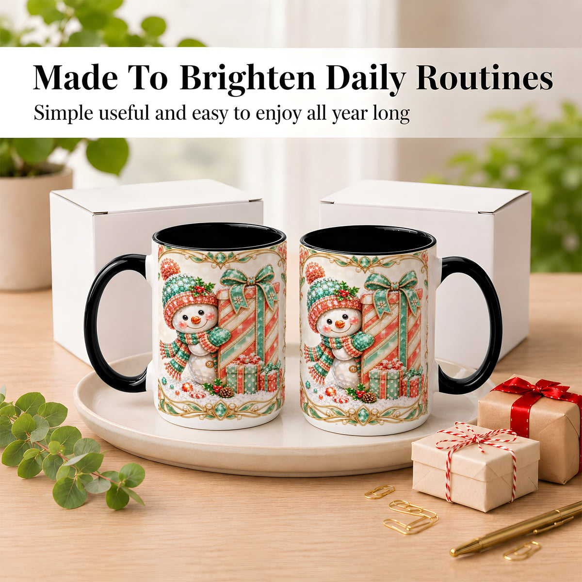 #pl[15oz|Black] Gem Snowman Present Coffee Mug, Christmas Snowman Mug, Ceramic Cup