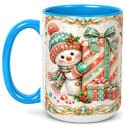#pl[15oz|Blue] Gem Snowman Present Coffee Mug, Christmas Snowman Mug, Ceramic Cup