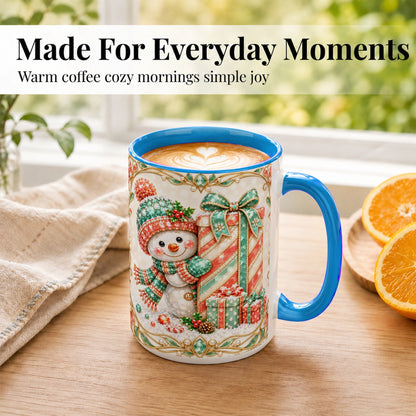 #pl[15oz|Blue] Gem Snowman Present Coffee Mug, Christmas Snowman Mug, Ceramic Cup