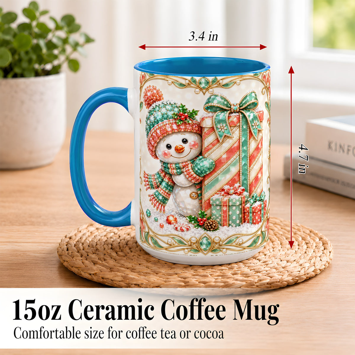 #pl[15oz|Blue] Gem Snowman Present Coffee Mug, Christmas Snowman Mug, Ceramic Cup