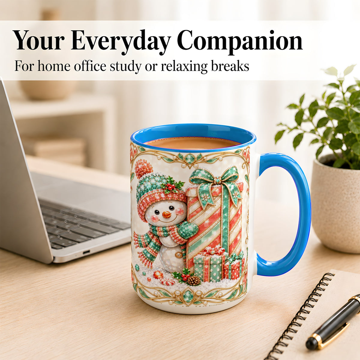 #pl[15oz|Blue] Gem Snowman Present Coffee Mug, Christmas Snowman Mug, Ceramic Cup