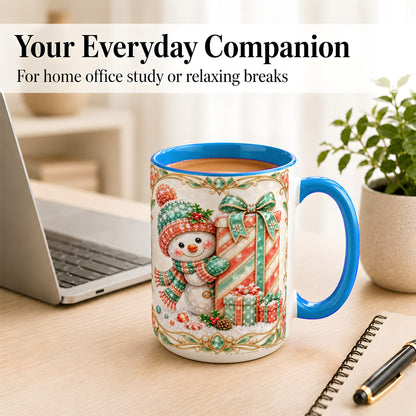 #pl[15oz|Blue] Gem Snowman Present Coffee Mug, Christmas Snowman Mug, Ceramic Cup