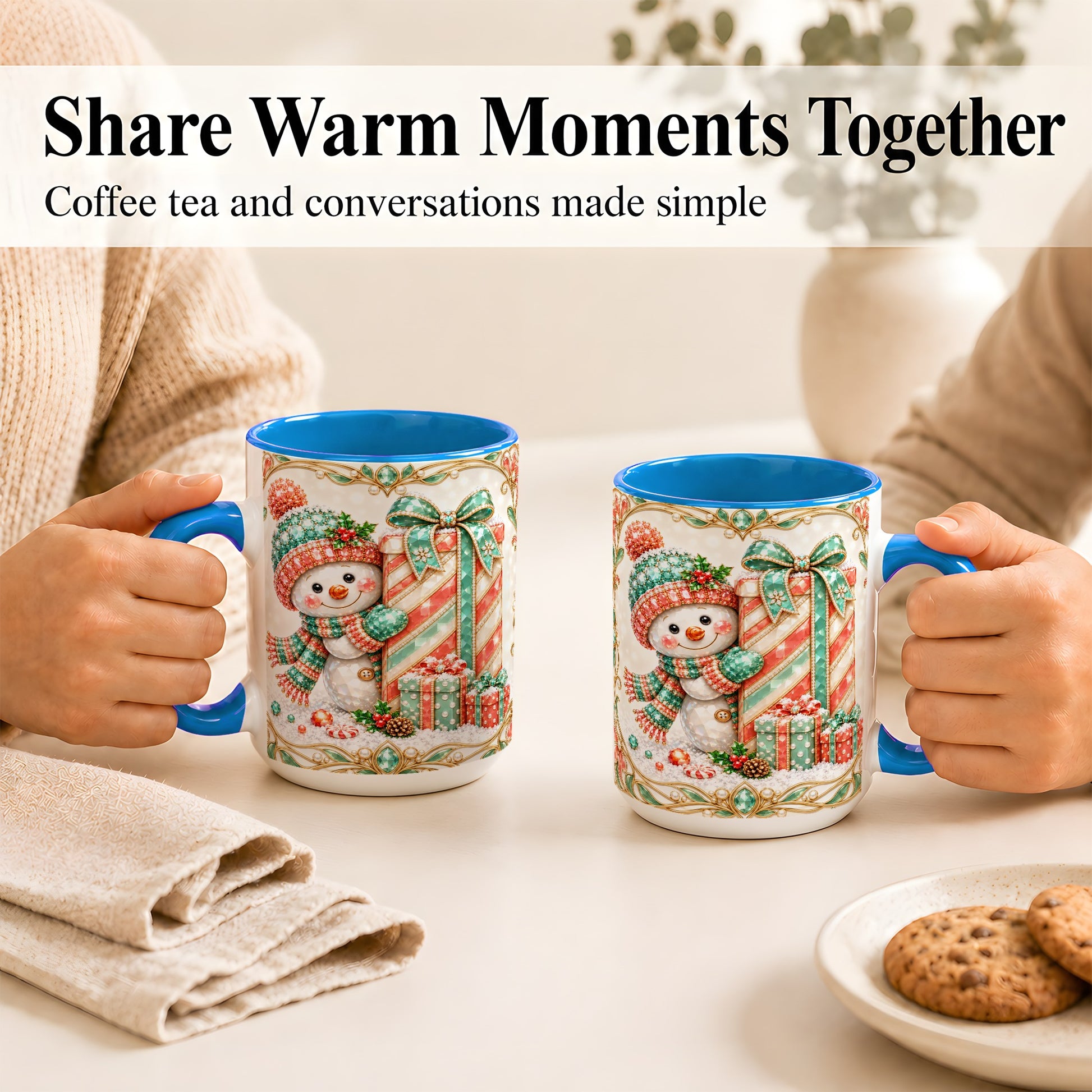 #pl[15oz|Blue] Gem Snowman Present Coffee Mug, Christmas Snowman Mug, Ceramic Cup
