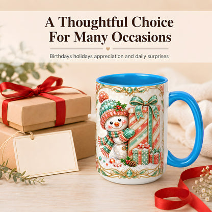 #pl[15oz|Blue] Gem Snowman Present Coffee Mug, Christmas Snowman Mug, Ceramic Cup