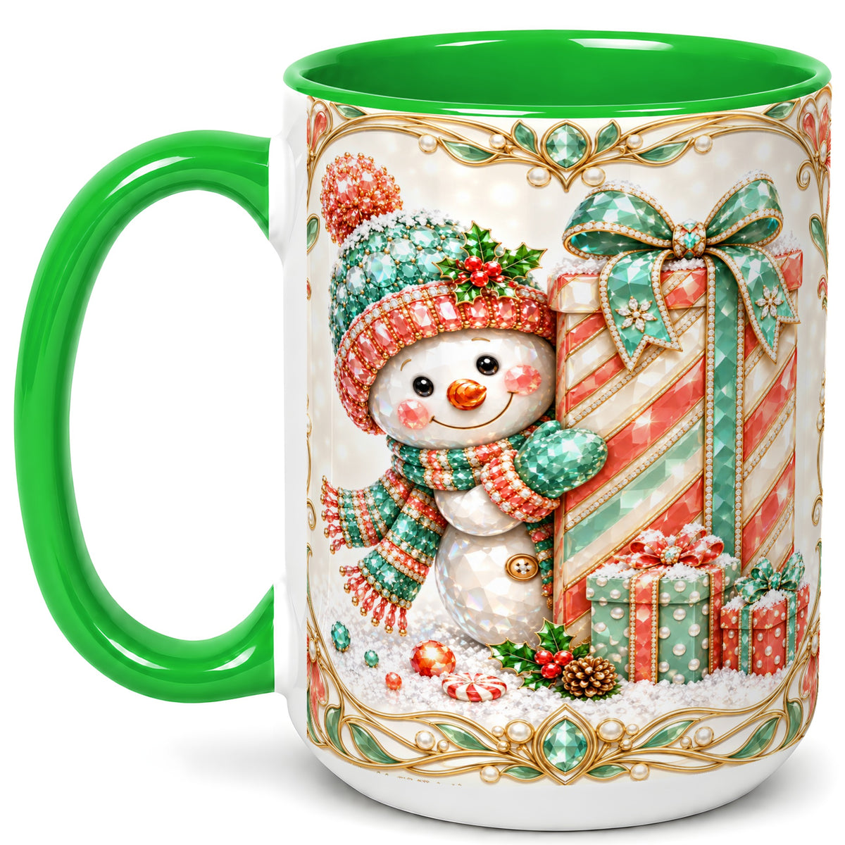 #pl[15oz|Green] Gem Snowman Present Coffee Mug, Christmas Snowman Mug, Ceramic Cup