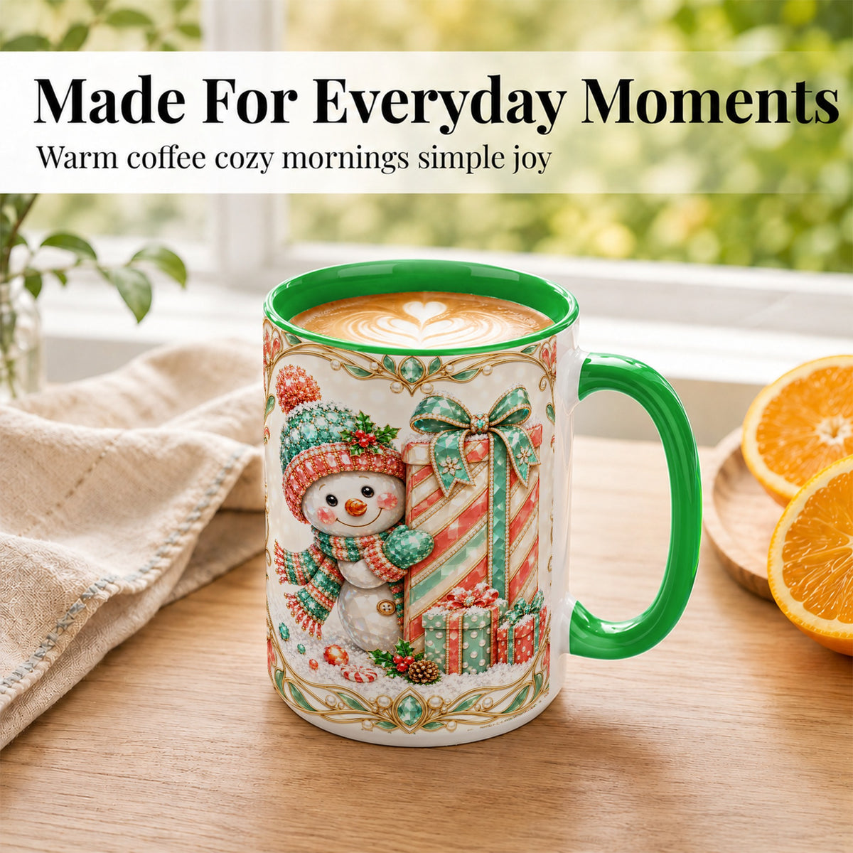#pl[15oz|Green] Gem Snowman Present Coffee Mug, Christmas Snowman Mug, Ceramic Cup